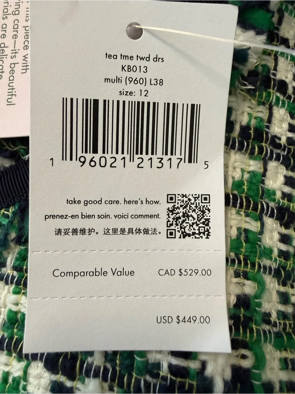 Kate Spade NY Tea Time Green and White Tweed Midi Dress with Navy Trim NEW